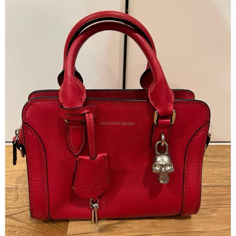 Alexander Mcqueen Skull Mini Padlock 2-Way Bag Red Leather Silver Hardware