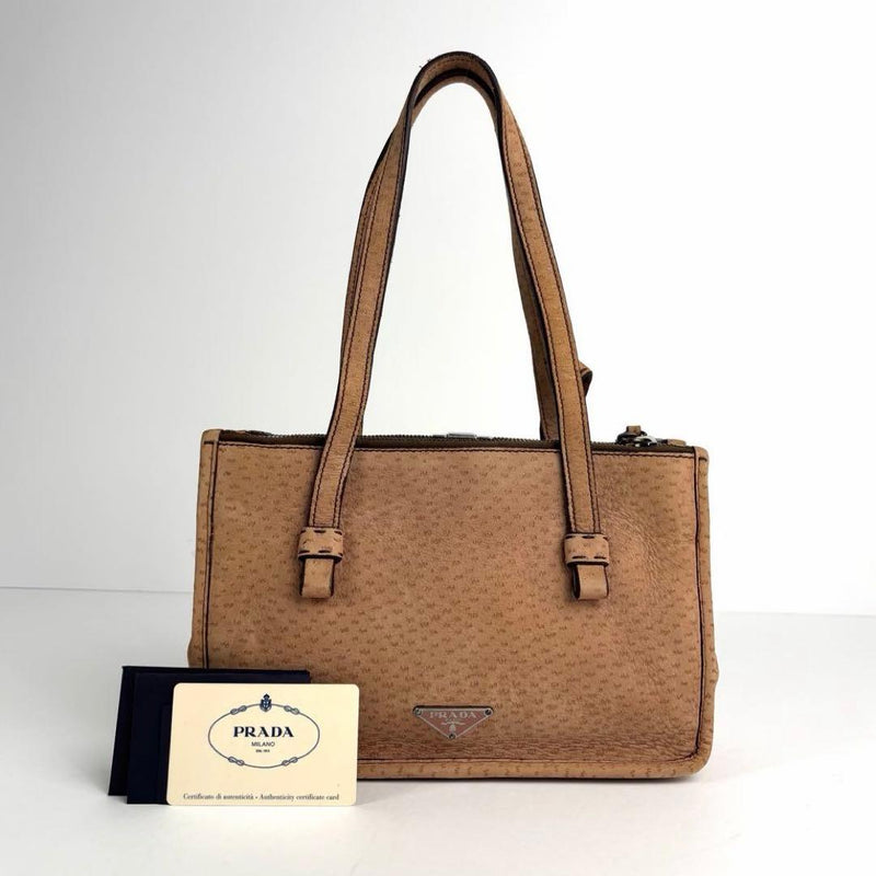 Prada Triangle Logo Tote Bag Suede Beige Handbag
