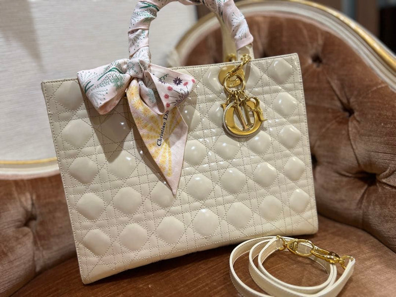 Dior Lady Dior Shoulder Bag Patent Leather Ivory Mitzah Scarf Set