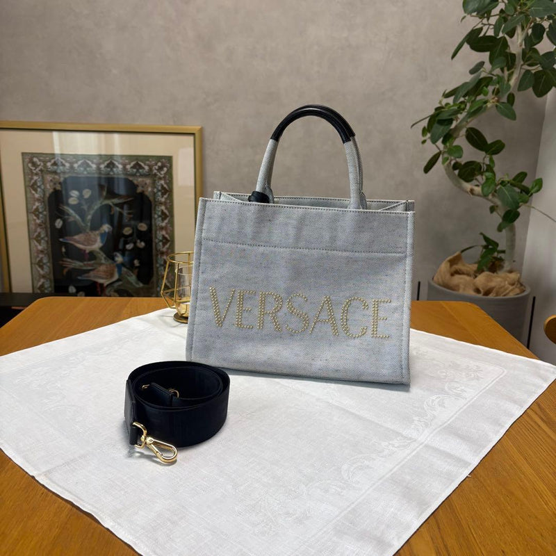 Versace Stud Logo Medusa 2-way Handbag Shoulder Bag Canvas Gray