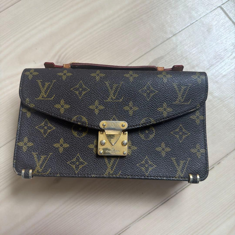 Monogram Canvas Handbag Dark Brown Leather Gold Hardware