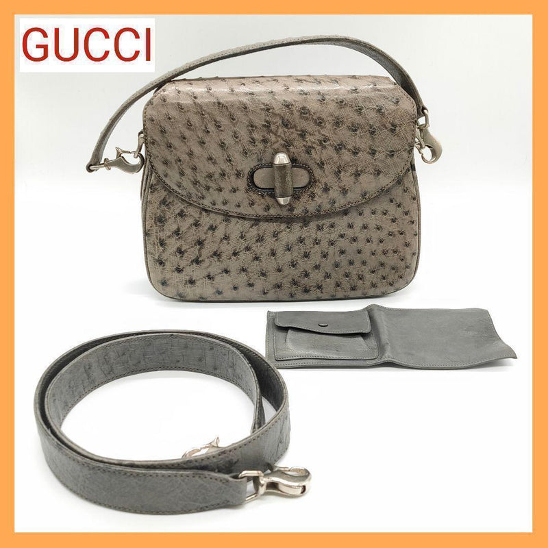 Old Gucci Ostrich Turnlock 2-way Hand Shoulder Bag Green Leather
