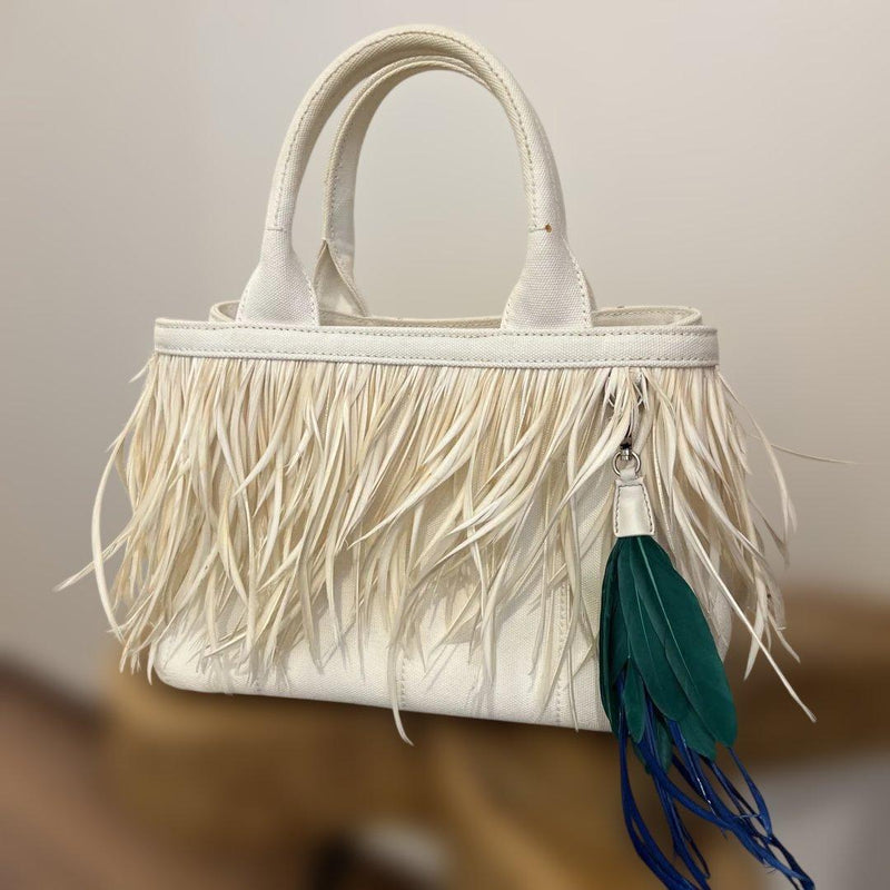 Prada Canapa Piume Tote Bag Handbag White Fringe Goose Feather Charm