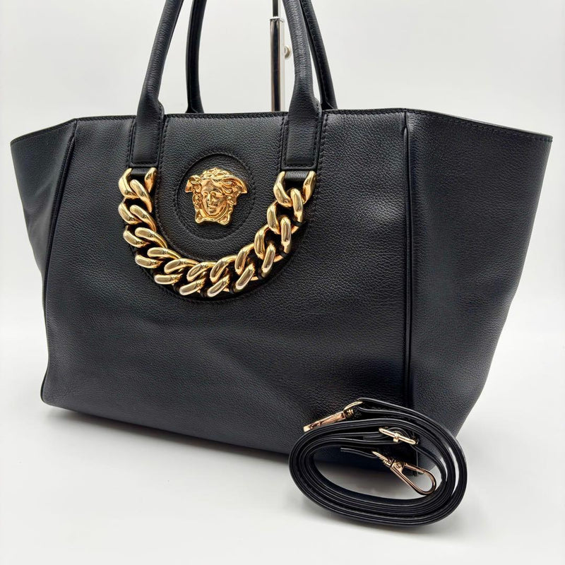 Versace Medusa Tote Handbag Black Leather Gold Hardware