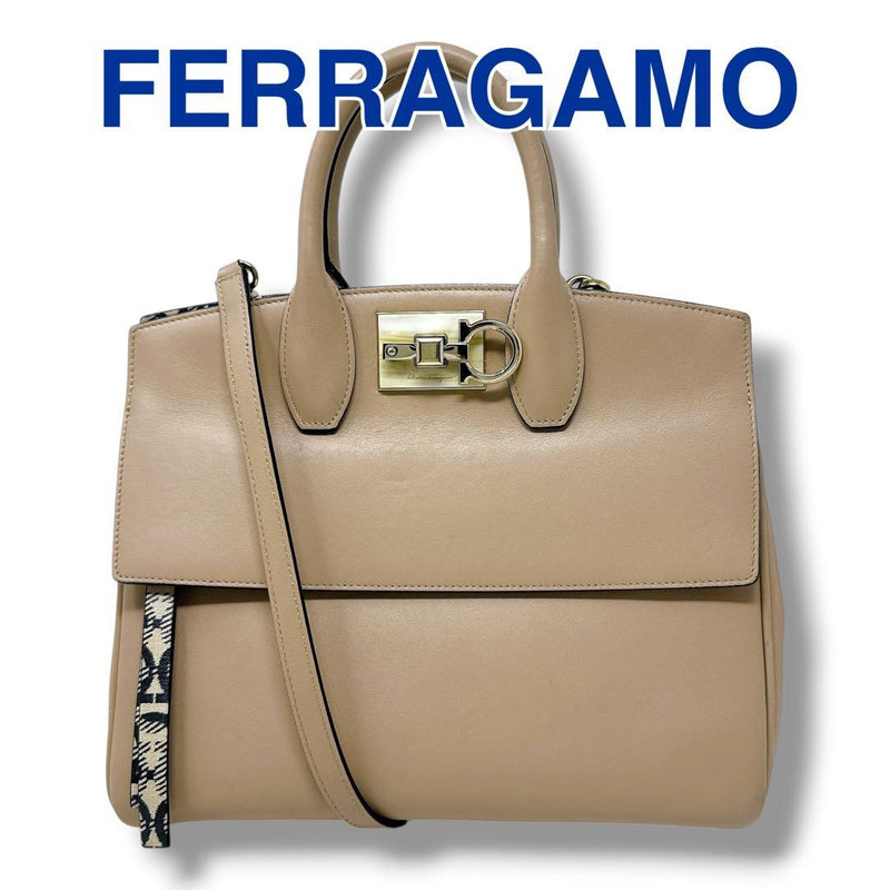 Salvatore Ferragamo Studio Bag Small 21H159 Leather Handbag Beige Gold Hardware