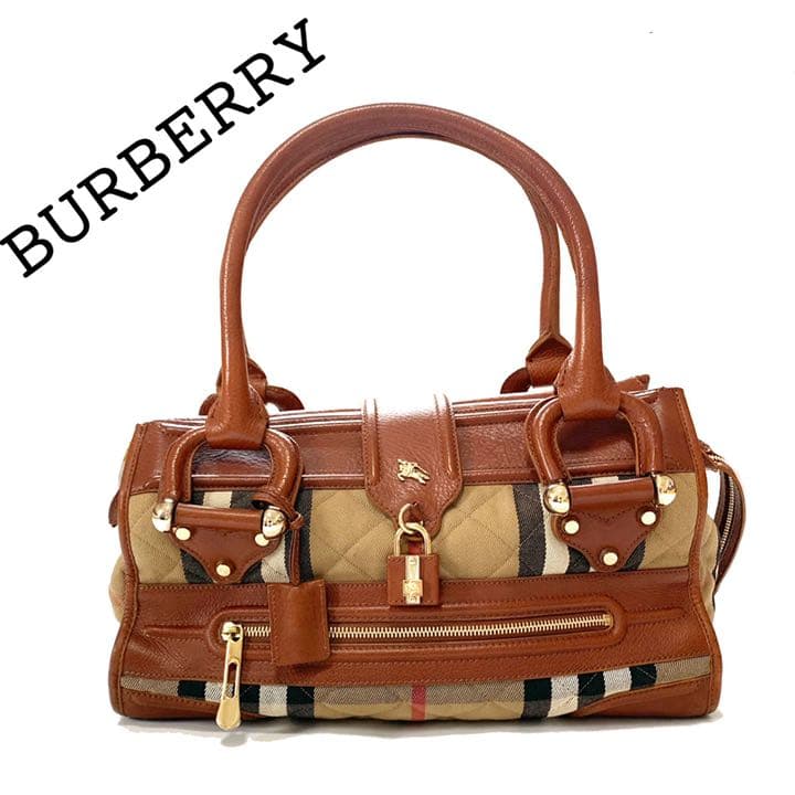 Burberry Mini Boston Bag Check Pattern Quilted Leather Handbag Beige Camel