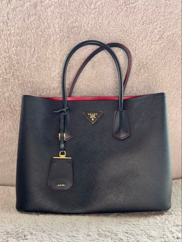 Prada Saffiano Cuir Handbag Calfskin Leather Black Red Gold Hardware