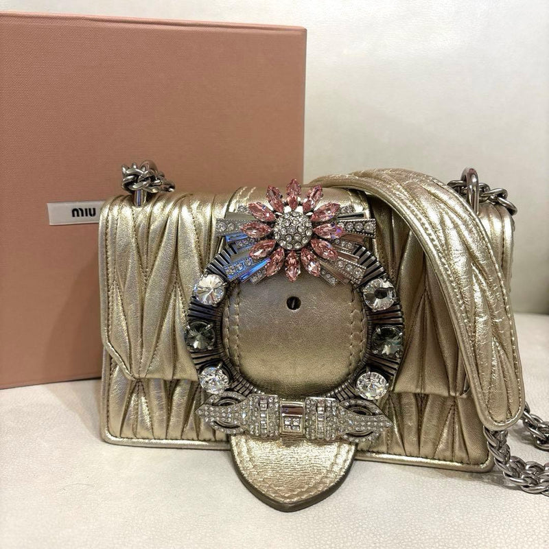 Miu Miu Matelassé Crystal Chain Shoulder Bag Leather Bronze Silver Hardware