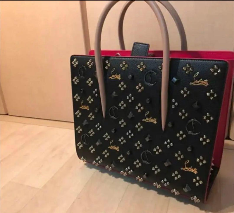 Christian Louboutin Palomato Tote Bag Calfskin Black Studded Shoulder Bag