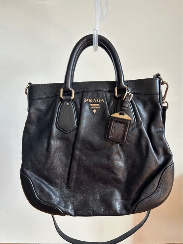 Prada 2-Way Shoulder Bag Tote Handbag Black Leather