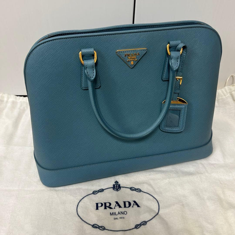 Prada Saffiano Leather Handbag Shoulder Bag Blue Gold Hardware