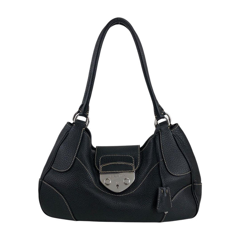 Prada Shoulder Bag Black Leather Metal Clasps White Stitching Handbag