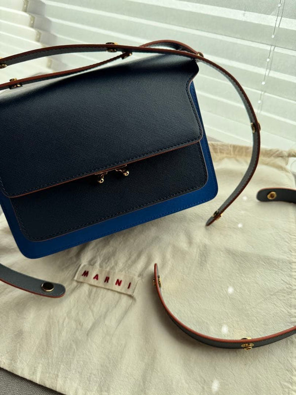 Marni Trunk Shoulder Bag Medium Navy Blue Leather Crossbody Bag