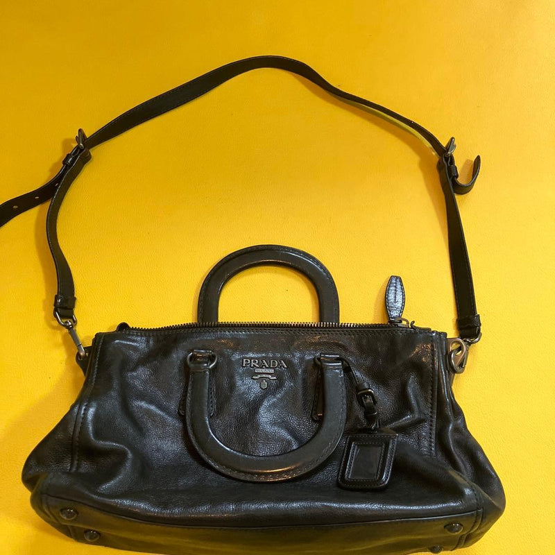 Prada Handbag Shoulder Bag Black Leather Zipper Closure Removable Strap