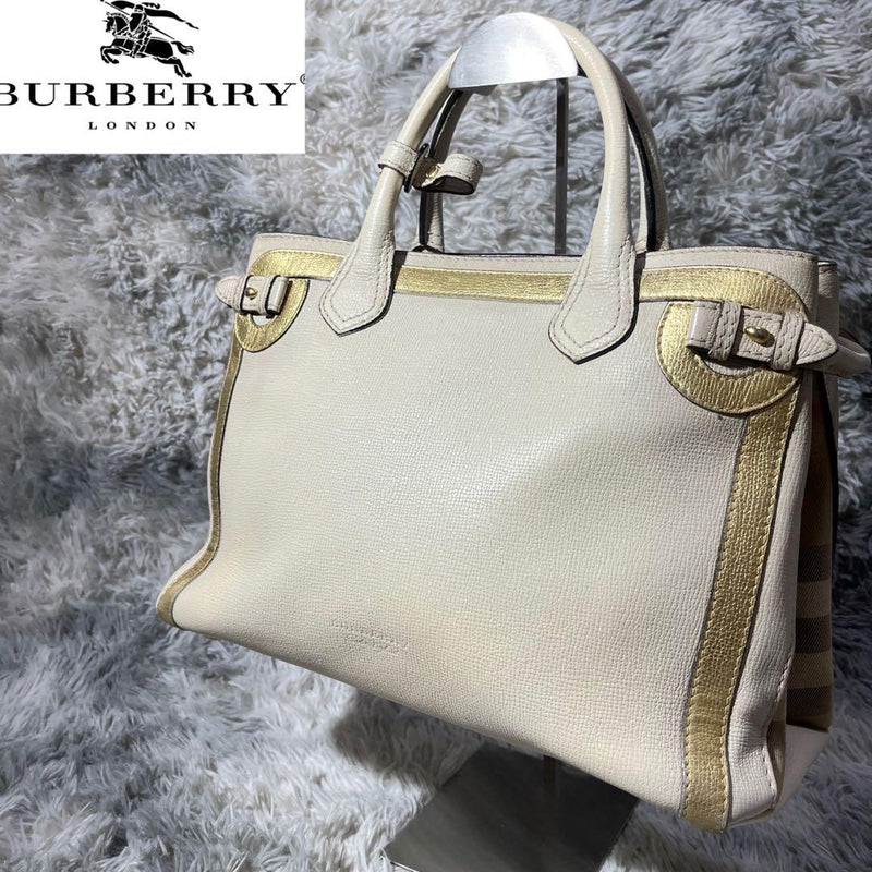 Burberry Nova Check Handbag Tote Leather Greige Gold Hardware