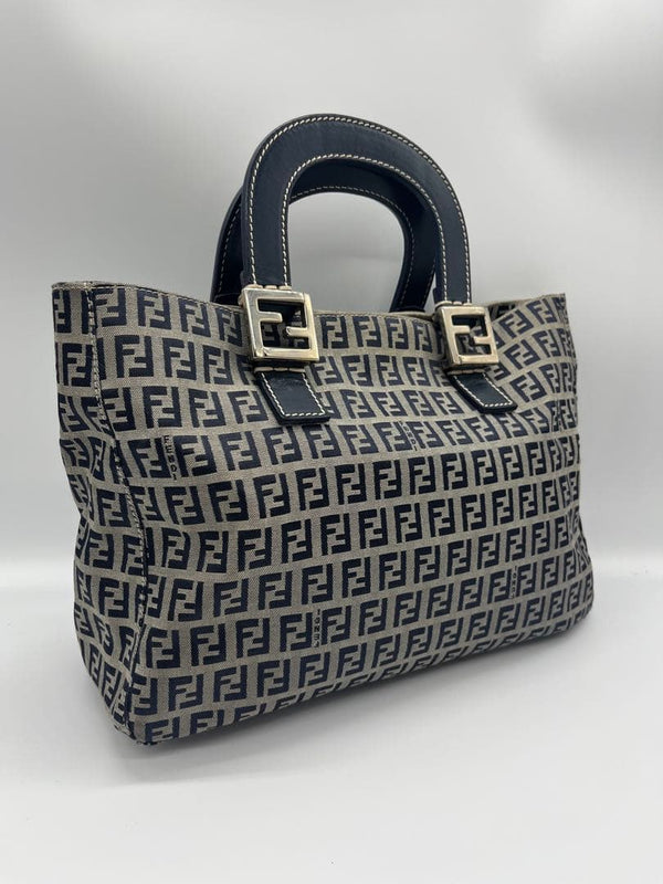 Fendi Zucchino 26793 Handbag Canvas Leather Blue Gray