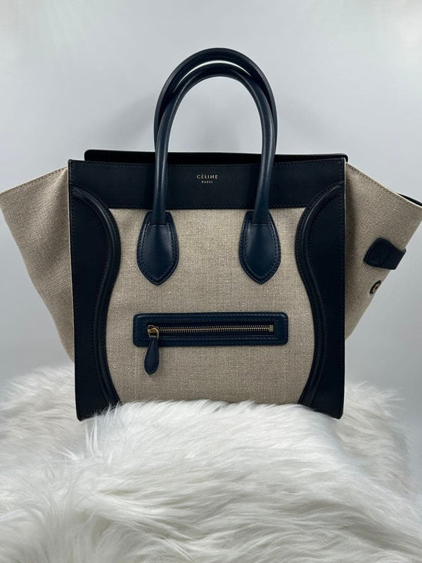 Celine Luggage Phantom Tote Handbag Canvas Leather Black Beige Gold Hardware