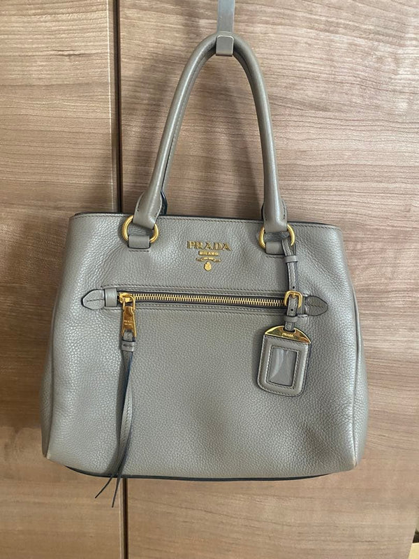 Prada Handbag Shoulder Bag Leather Gray Gold Hardware