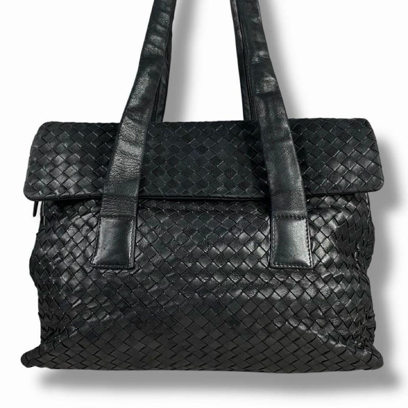 Bottega Veneta Intrecciato Handbag Leather Black Large Capacity
