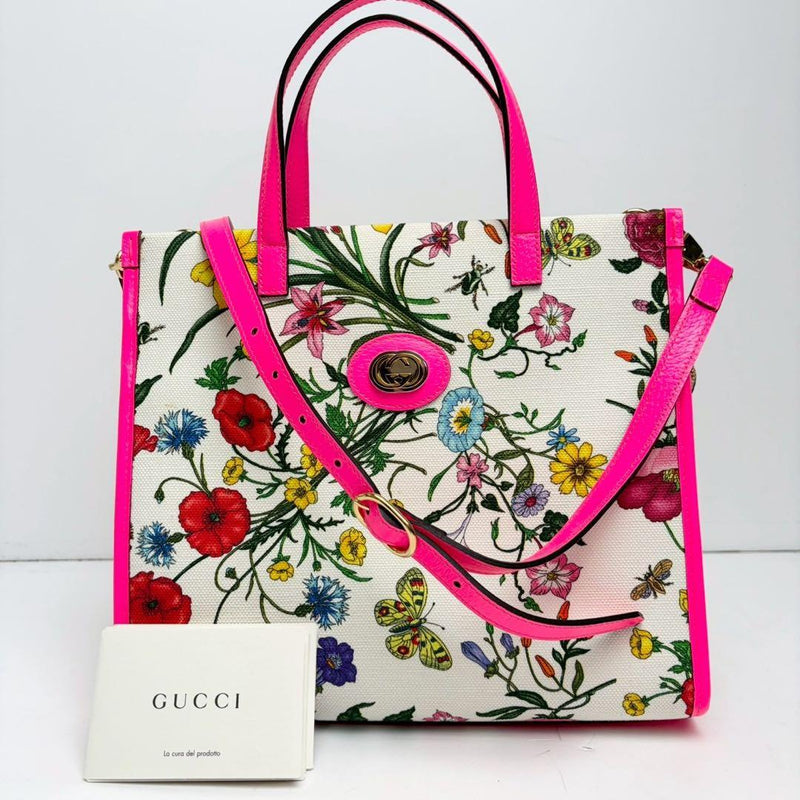 Gucci Flora 550141 2-Way Tote Shoulder Bag Canvas Leather Pink