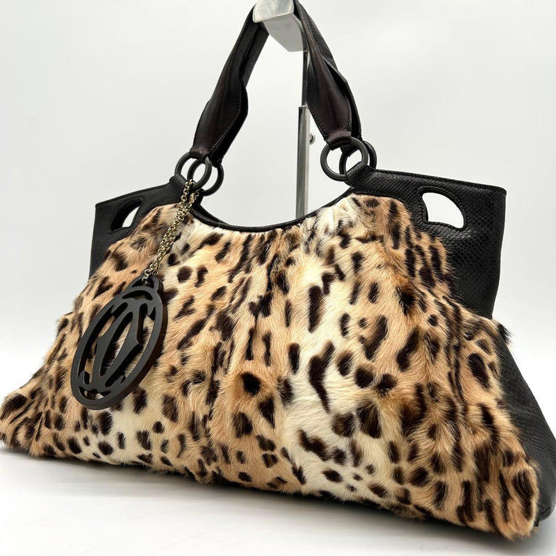 Cartier Marcello Handbag Tote Leopard Print Fur Leather Shoulder Bag Black
