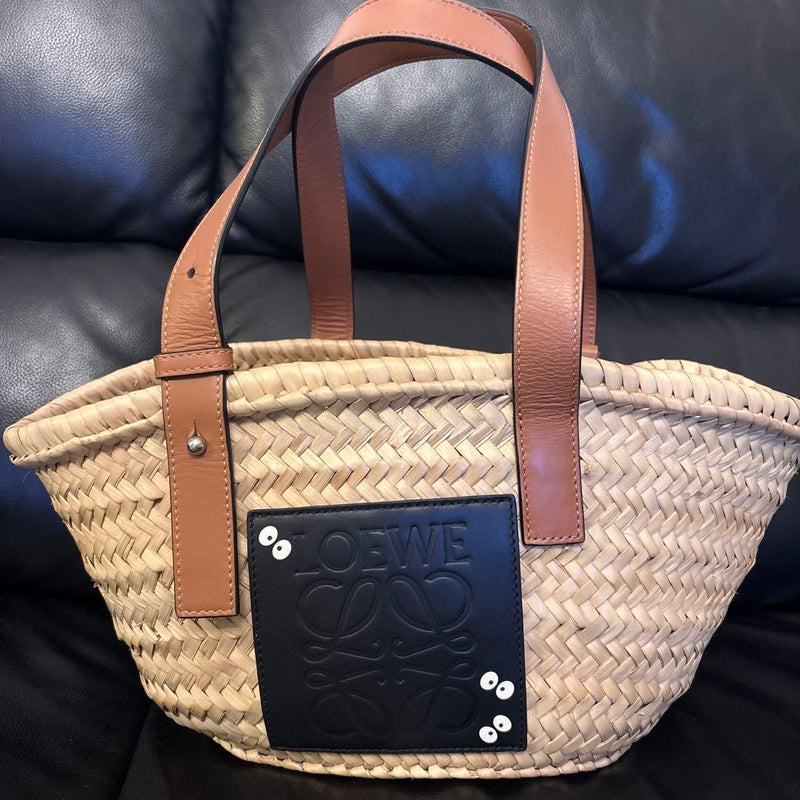 Loewe Small Basket Bag My Neighbor Totoro Palm Leaf Black Leather Soot Sprite