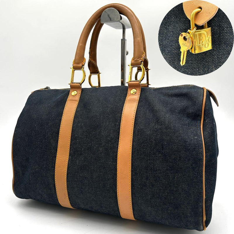Christian Dior Mini Boston Bag Tote Denim Leather Indigo Navy Gold Hardware