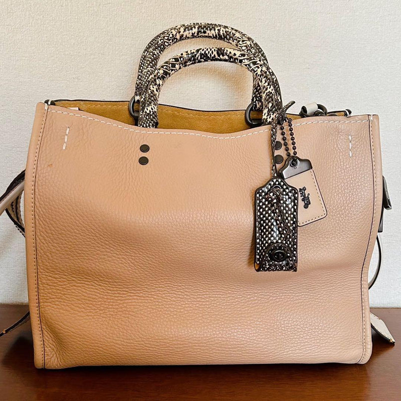 Coach Rogue 2way Shoulder Bag Pebble Leather Snakeskin Handle Beige Gold