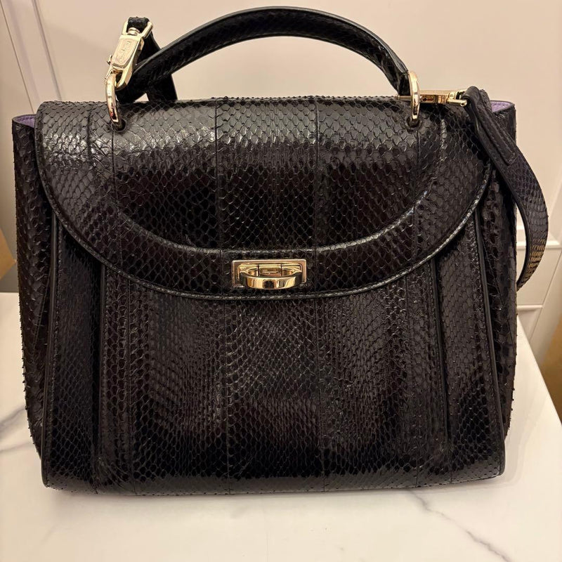 Ferragamo Snakeskin Handbag Shoulder Bag Black Metal Hardware