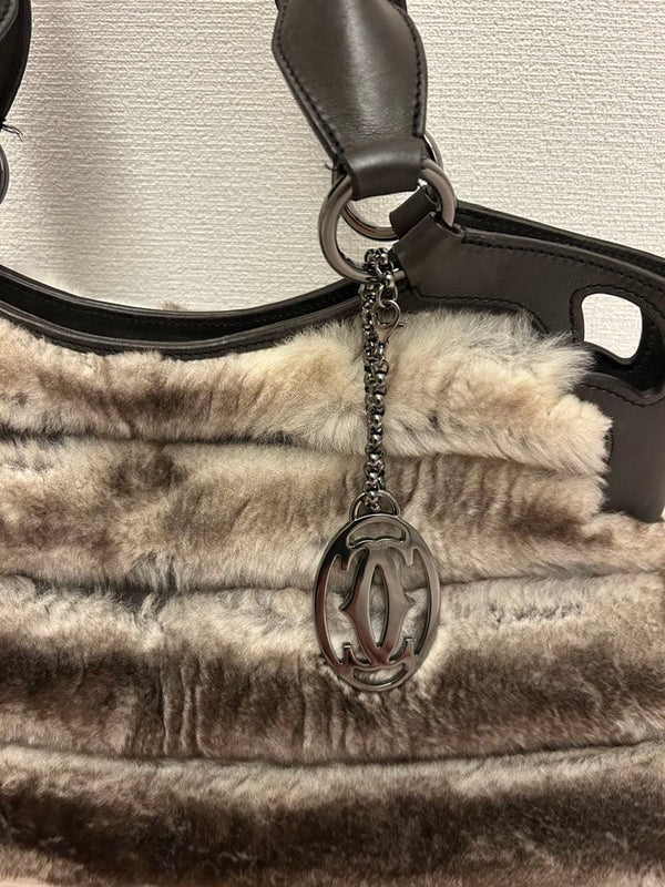 Cartier Marcello Handbag Tote Fur Leather Brown Big Charm