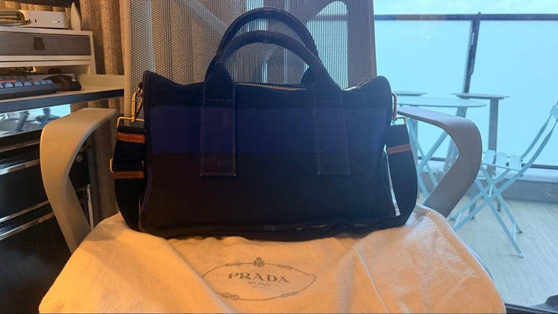 Prada Handbag Shoulder Bag Black Purple Stripe Canvas Suede