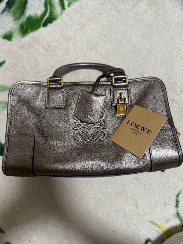 Loewe Amazona 28 Handbag Silver Leather Black Logo Fabric