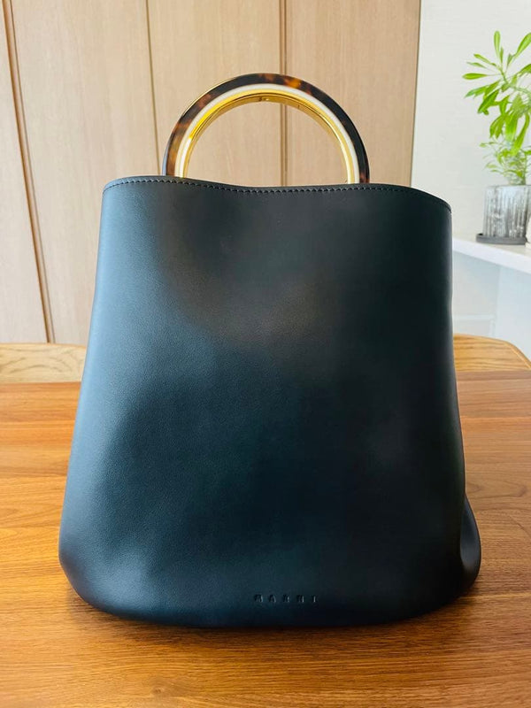Marni Panier Handbag Tote Shoulder Bag Leather Black
