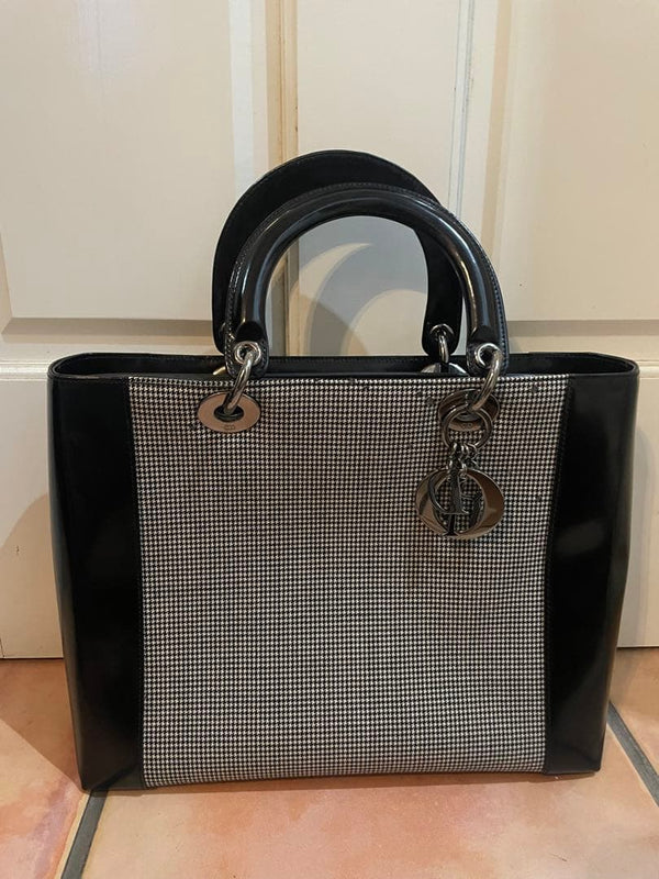 Christian Dior Houndstooth Scarf Silk Wool Blend Shawl Foulard