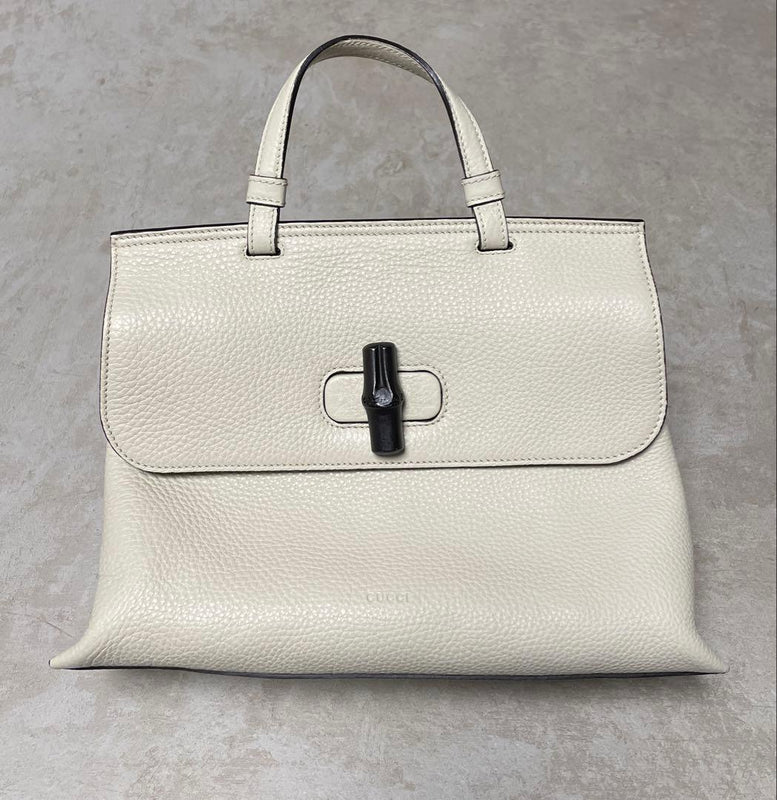 Gucci Bamboo Daily Medium Top Handle Bag Leather Cream Beige Flap Closure