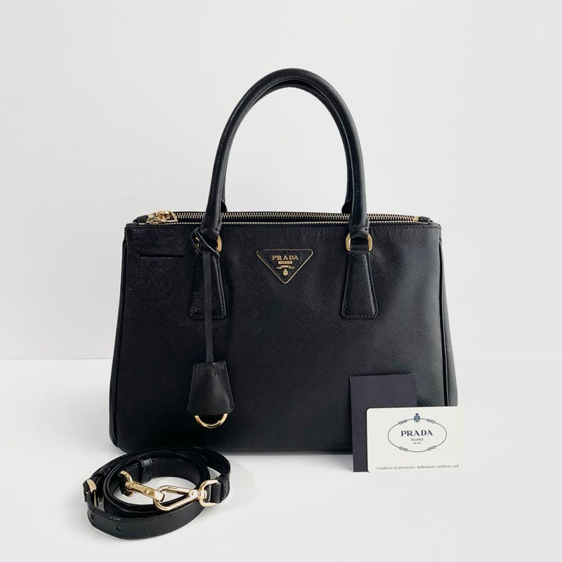 Prada Galleria 2way Handbag Saffiano Leather Black Gold Hardware