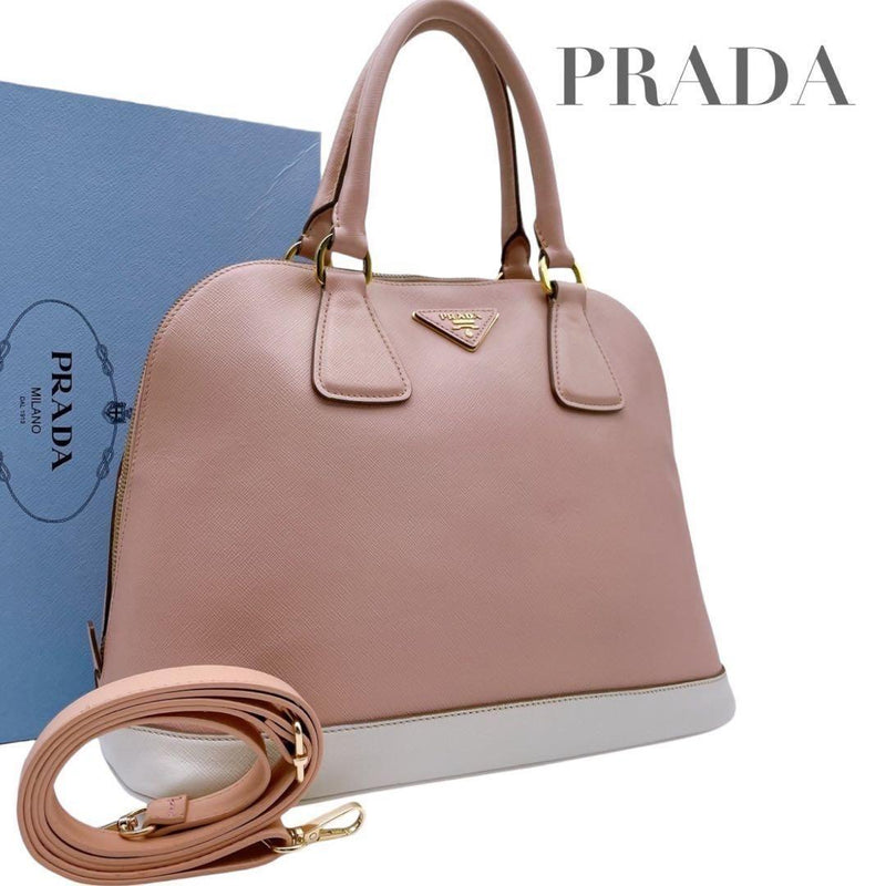 Prada Saffiano Bicolor Handbag Shoulder Bag Leather White Pink