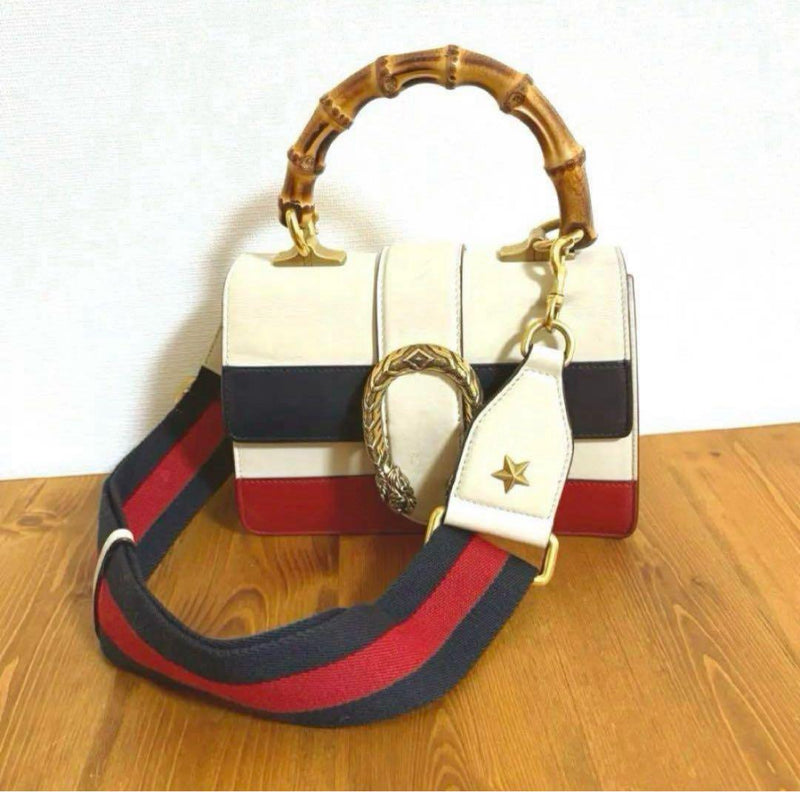Gucci Dionysus Bamboo 2 Way Handbag Leather Ivory Navy Red Gold Hardware