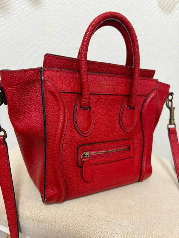 Celine Luggage Nano Shopper 2way Shoulder Bag Handbag Leather Red