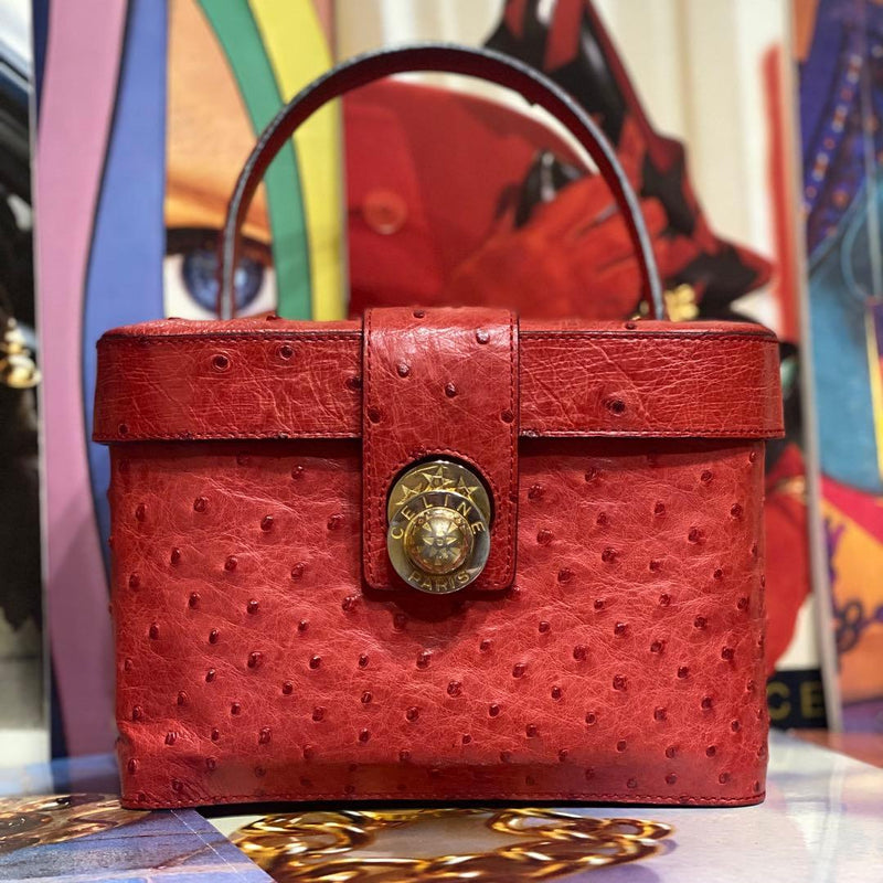 Old Celine Vanity Bag Ostrich Leather Red Star Ball Hardware