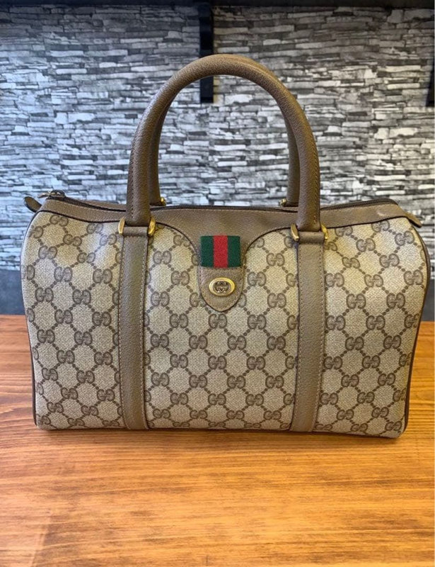 Old Gucci 10.02.907 Boston Bag Leather Pvc Brown Green Red