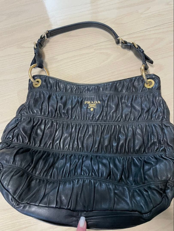 Prada Nappa Leather Gathered Shoulder Bag Black Gold Hardware