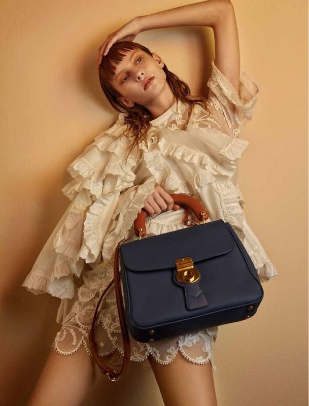 DK88 Trench Leather Top Handle Bag Navy Brown Bi-color