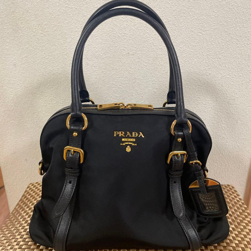 Prada Nylon Leather Handbag Shoulder Bag Tote Black