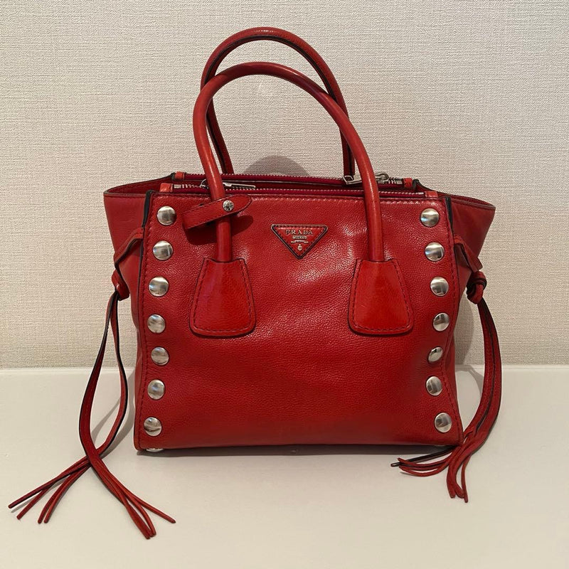 Prada Studded Handbag Shoulder Bag Red Leather