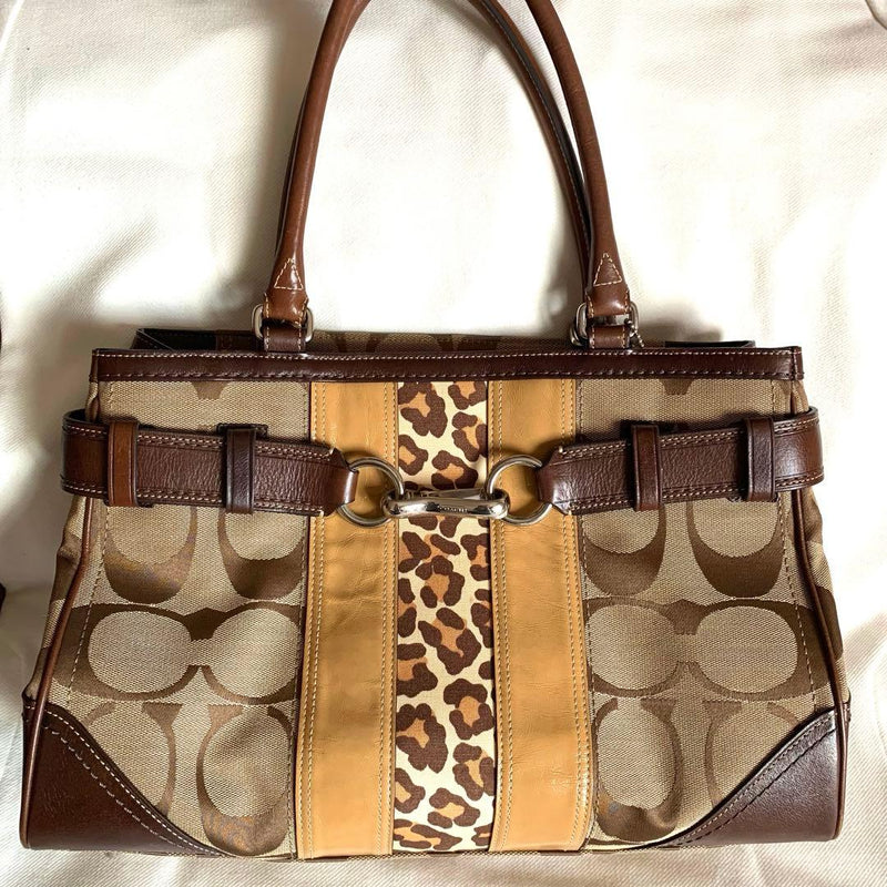 Leopard Print Stripe Handbag Canvas Leather Beige Brown Shoulder Bag