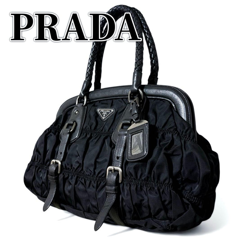 Gathered Tessuto Nylon Leather Shoulder Bag Black Handbag
