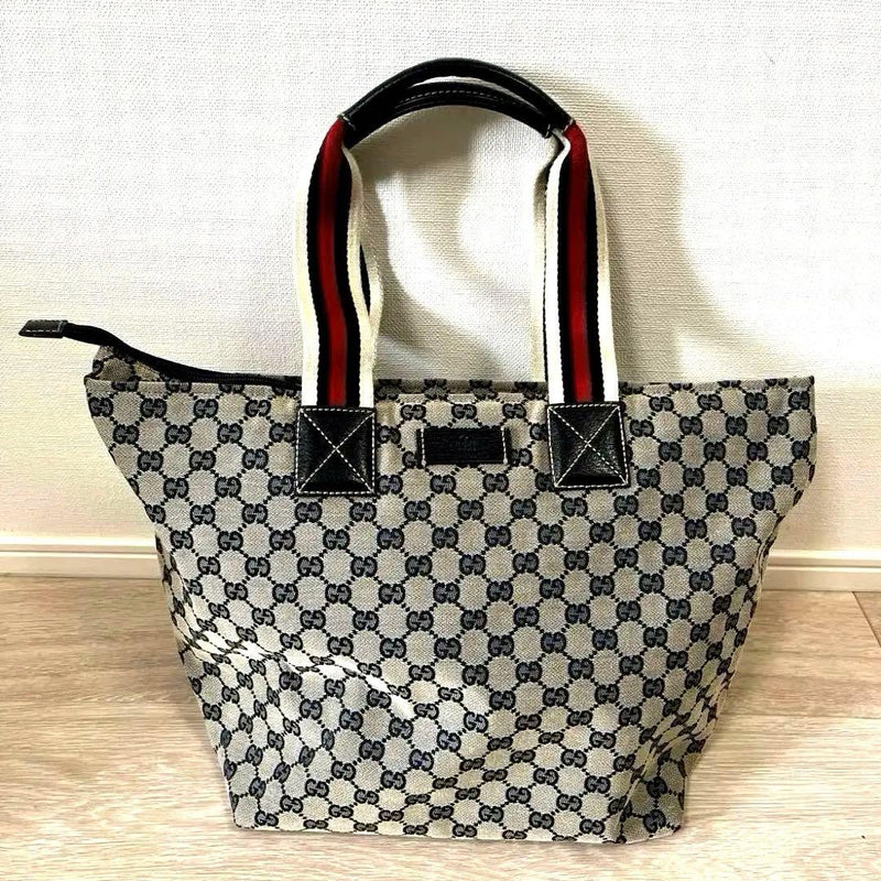 Gg Sherry Line Tote Bag Canvas Leather Navy Gray Red Web Stripe