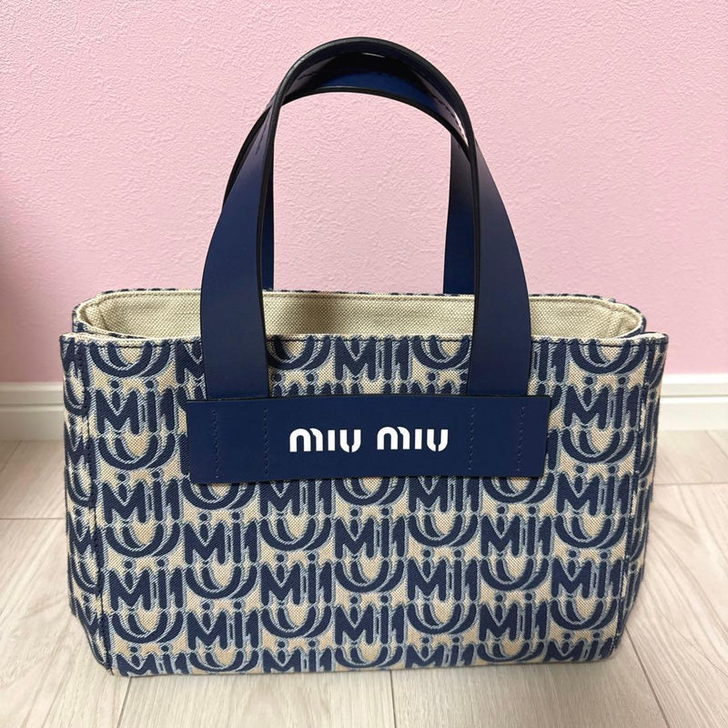Miumiu Jacquard Canvas Tote Bag Navy Blue 2-Way Shoulder Handbag