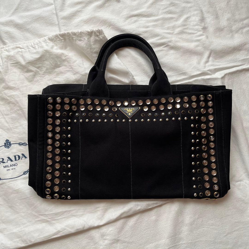 Prada B18720 Canapa L Size Handbag Canvas Nero Black Bijoux